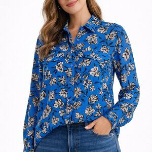 Madison Blue Floral Button-Up Blouse | Long Sleeve | Chest Pockets | Size Small